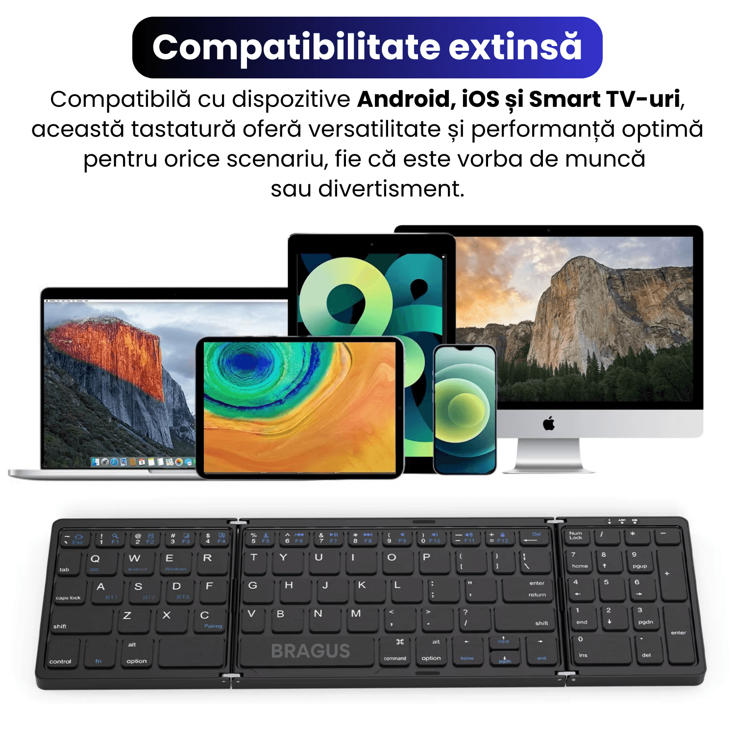 Tastatura pliabila ultra-subtire, Bragus, compatibila cu Android, iOS, Smart TV, bloc numeric incorporat, negru - 4 | YEO