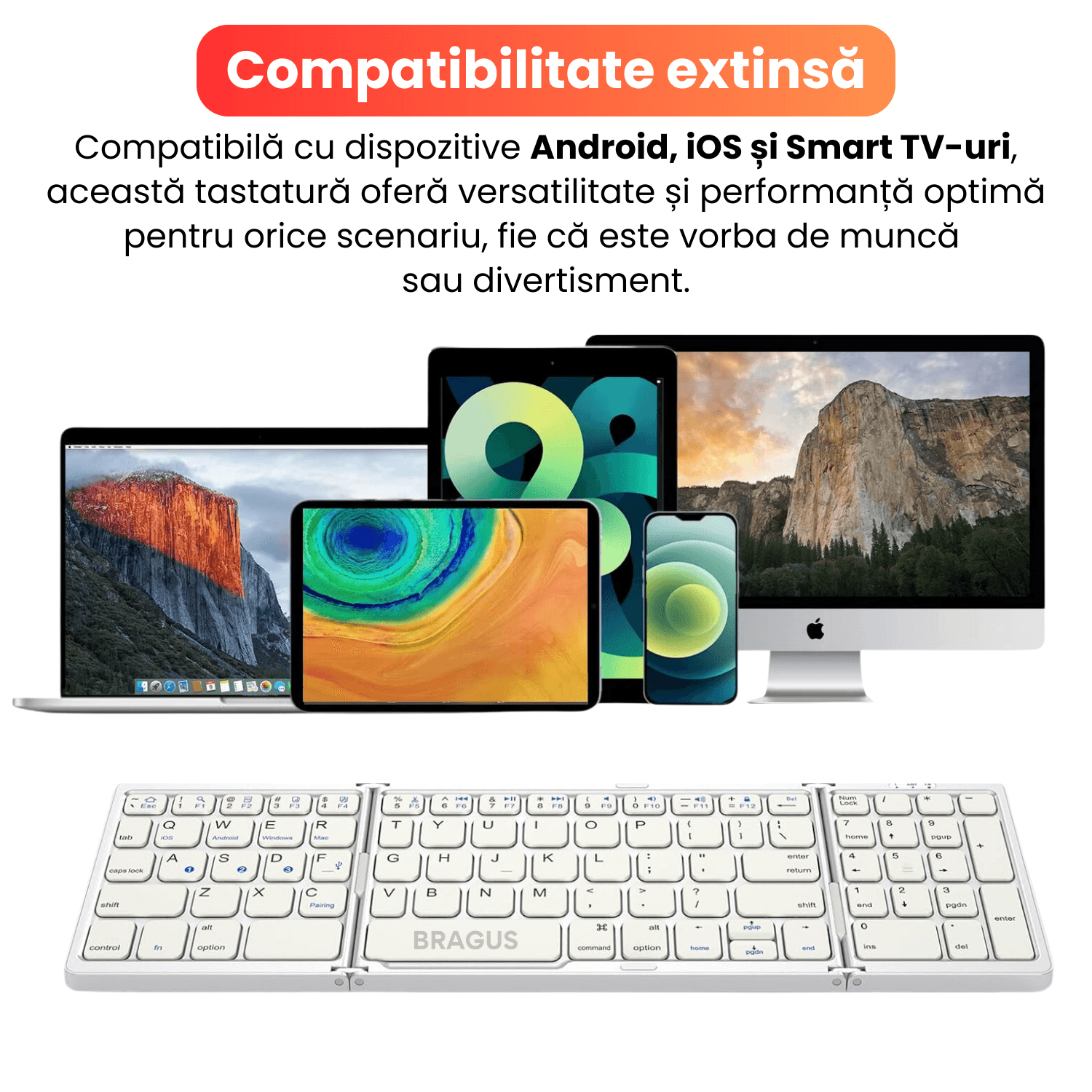 Tastatura pliabila ultra-subtire, Bragus, compatibila cu Android, iOS, Smart TV, bloc numeric incorporat, negru