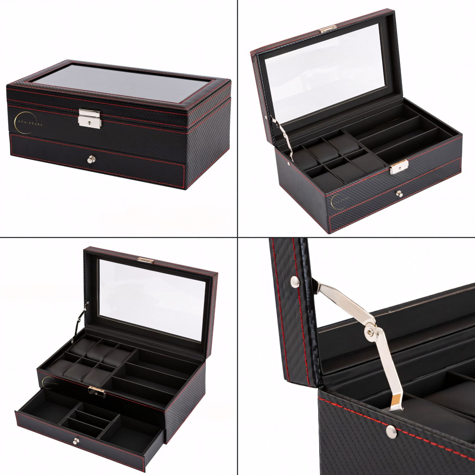 Cutie pentru ceasuri, Caseta depozitare accesorii, Geam transparent din Acril, 33x20x13cm, Negru