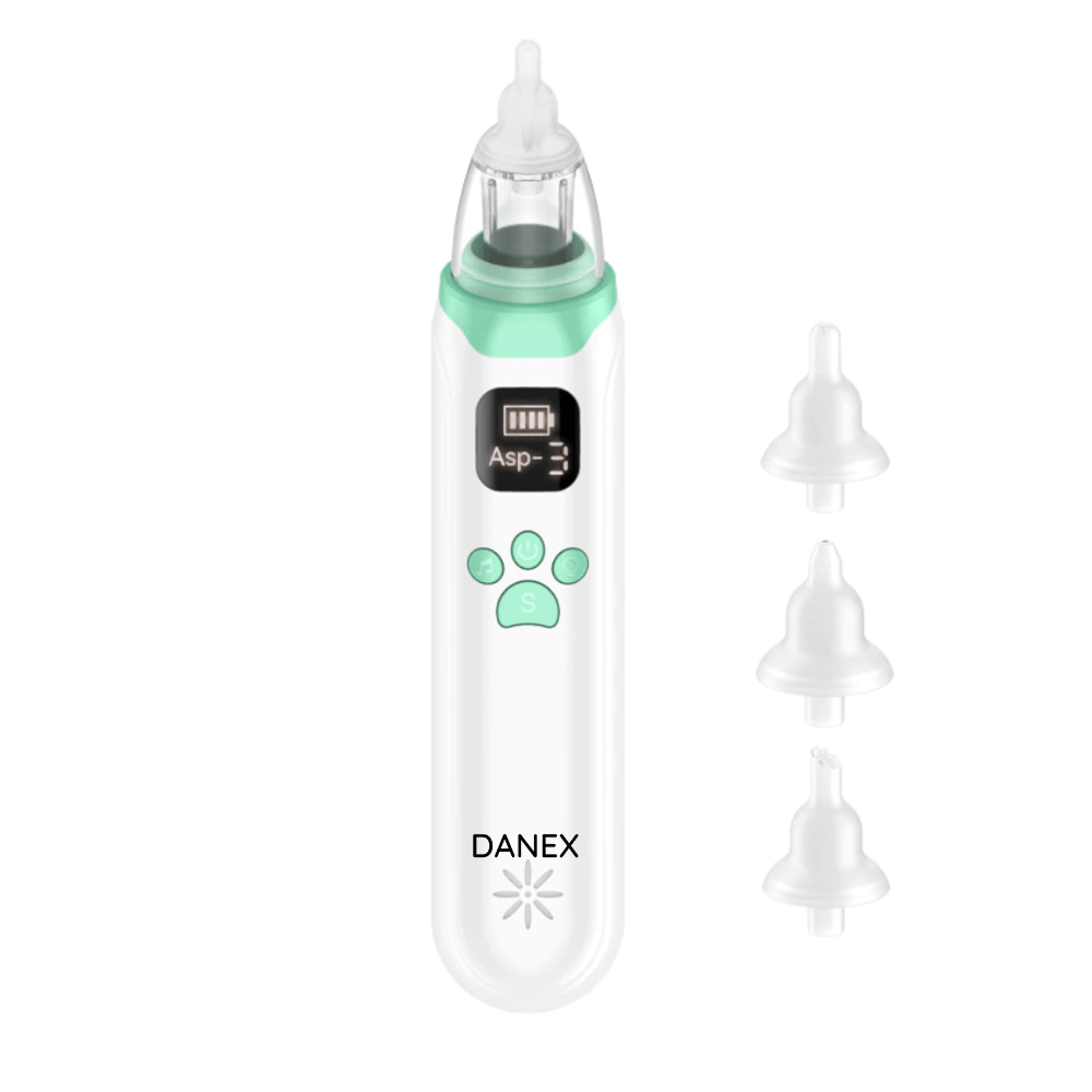 Aspirator nazal electric, Danex, pentru bebelusi si copii, silentios, incarcare USB, cu melodii, 3 trepte de Putere, 3 capete de silicon, alb/verde