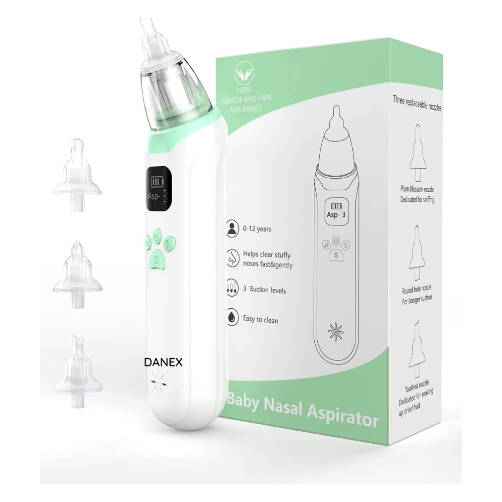 Aspirator nazal electric, Danex, pentru bebelusi si copii, silentios, incarcare USB, cu melodii, 3 trepte de Putere, 3 capete de silicon, alb/verde - 1 | YEO