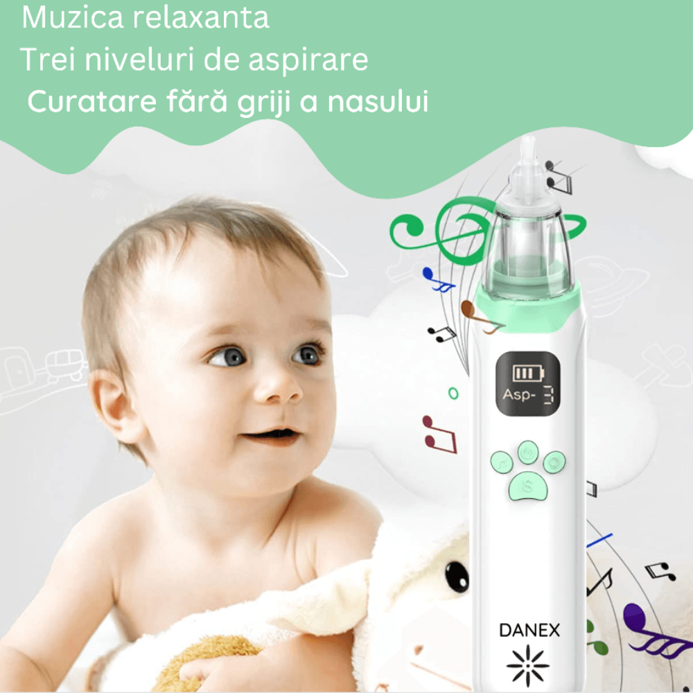Aspirator nazal electric, Danex, pentru bebelusi si copii, silentios, incarcare USB, cu melodii, 3 trepte de Putere, 3 capete de silicon, alb/verde - 3 | YEO