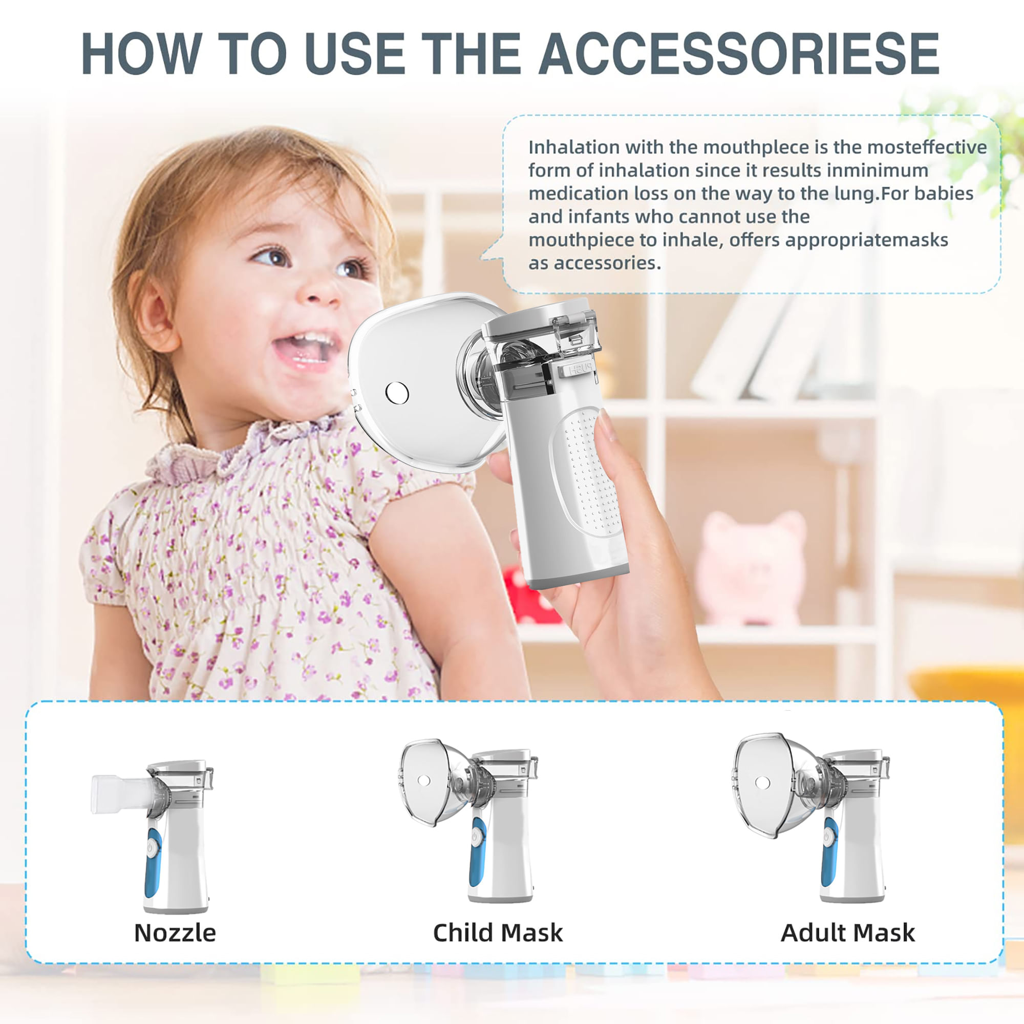 Aparat aerosoli cu ultrasunete VIELLAN, Masca copii si adulti, Portabil, Nebulizator, Tehnologie mesh, USB, Super silentios, Alb - imagine 10