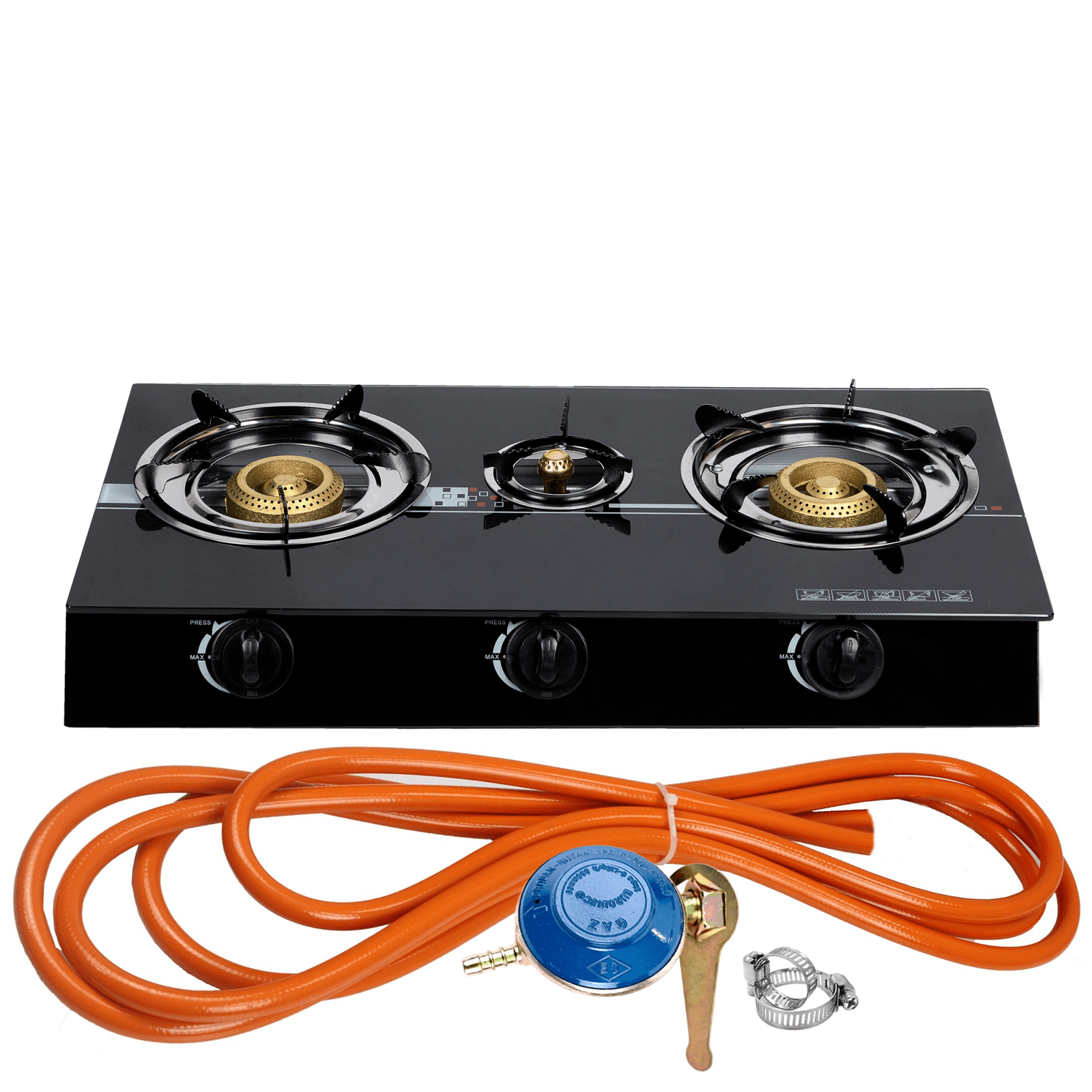 Aragaz din sticla securizata, 3 ochiuri, aprindere pe quartz + Kit reglabil gpl RH-10 + Tub flex 2M+2 Coliere