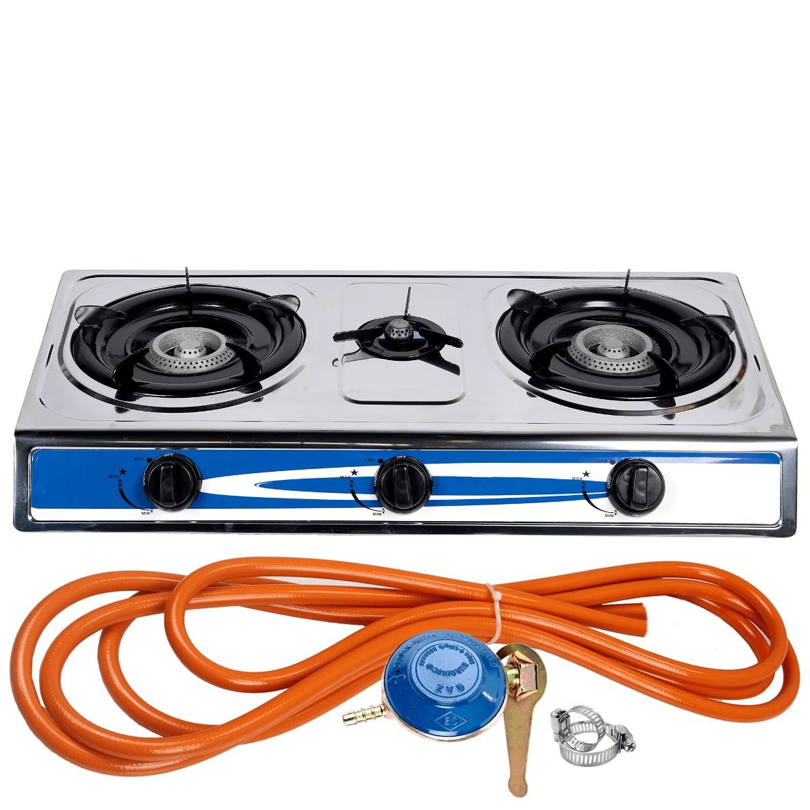 Aragaz din inox, 3 ochiuri, aprindere pe quartz + Kit reglabil gpl RH-10 + Tub flex 2M+2 Coliere