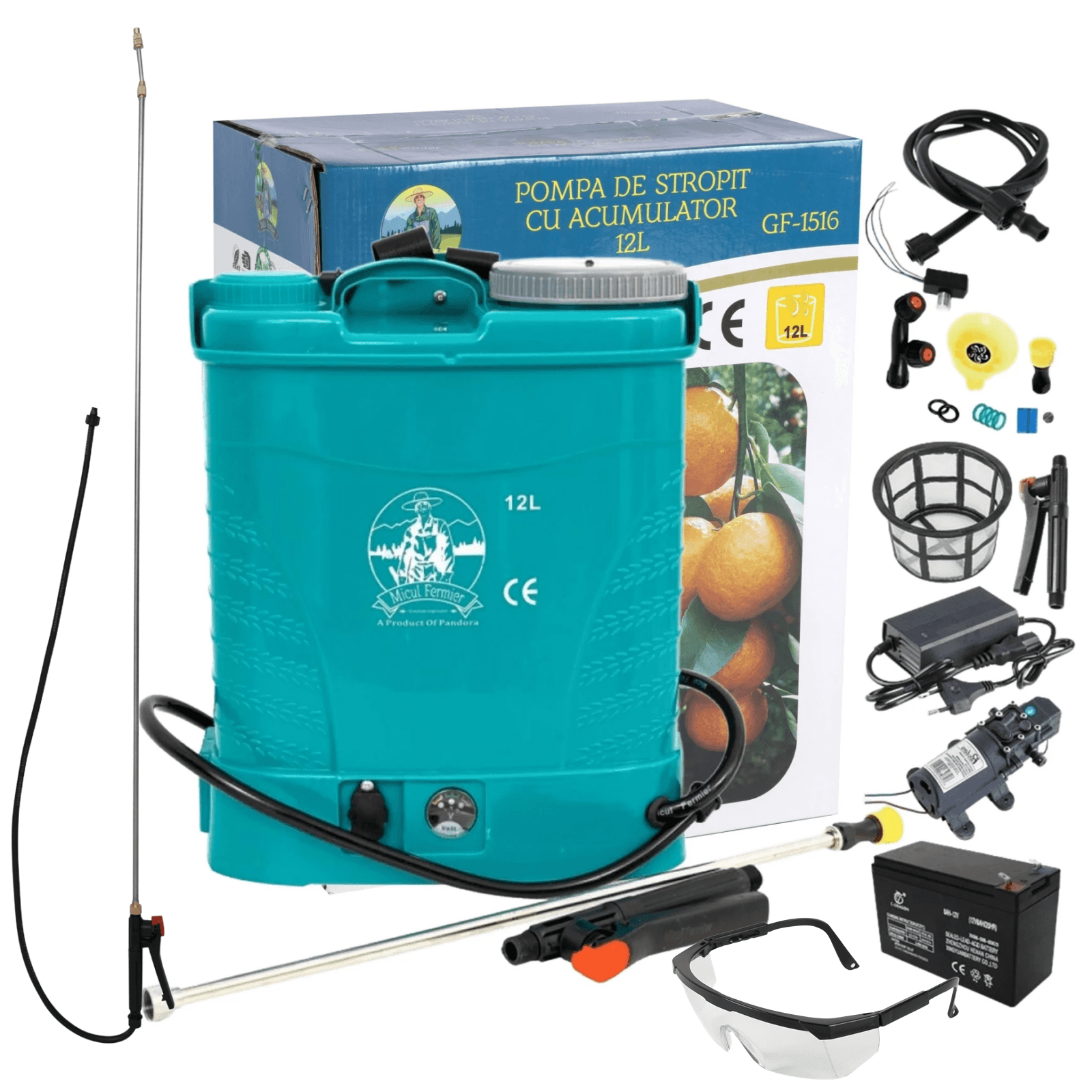 Pompa de stropit cu acumulator Micul Fermier 12 L, 12 V, 2.3 MPA + Lance extensibila 2.8 m + Ochelari protectie - 3 | YEO