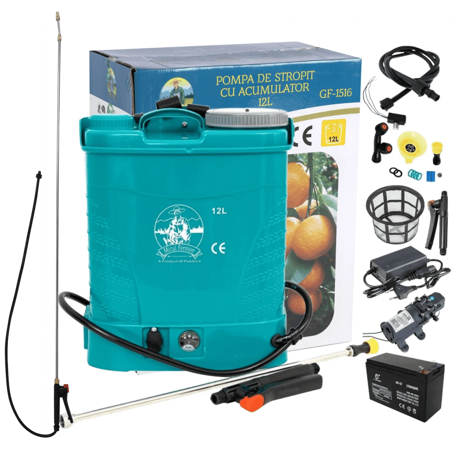 Pompa de stropit cu acumulator Micul Fermier 12 L, 12 V, 2.3 MPA + Lance extensibila 2.8 m