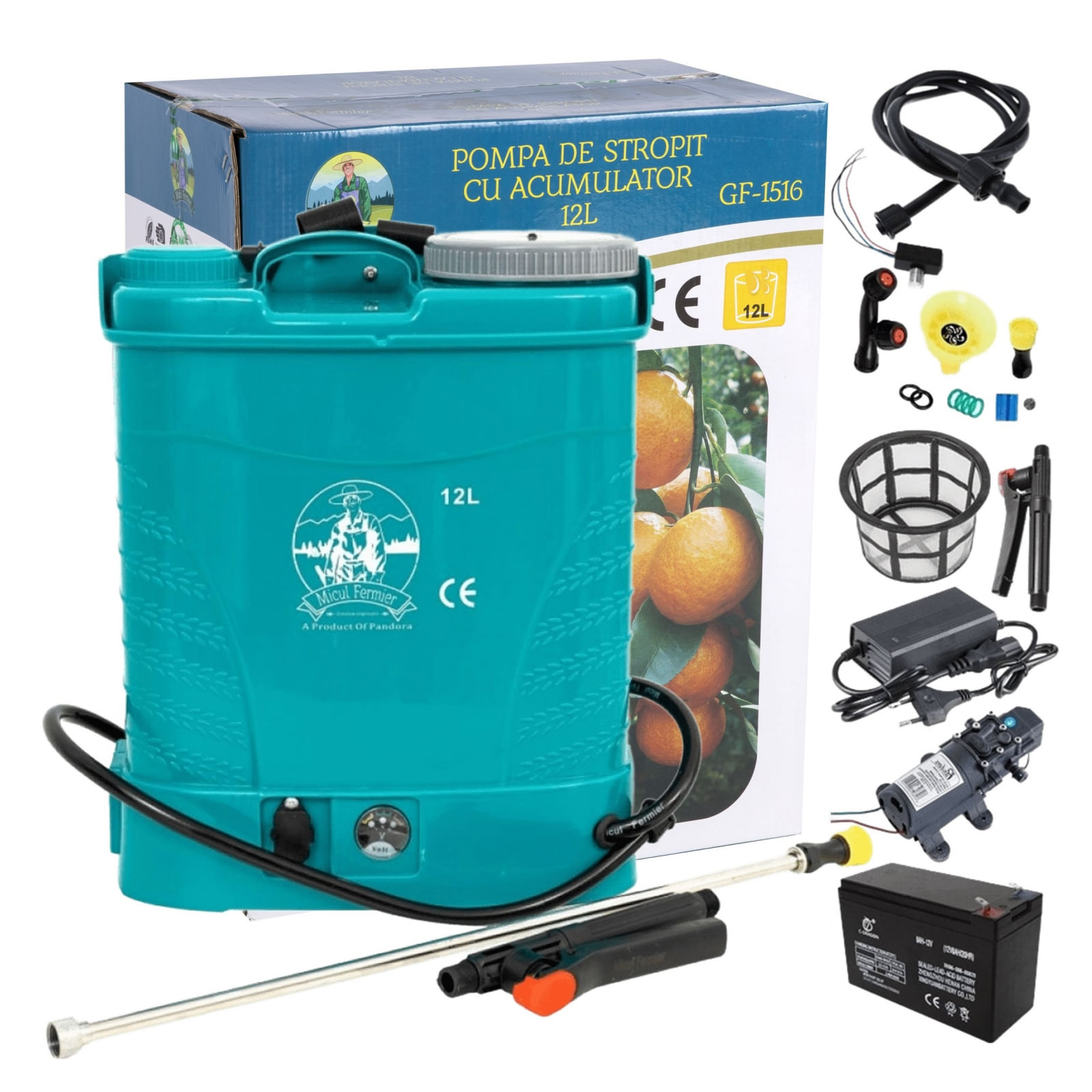 Pompa de stropit cu acumulator Micul Fermier 12 L, 12 V, 2.3 MPA, Complet accesorizata - 3 | YEO