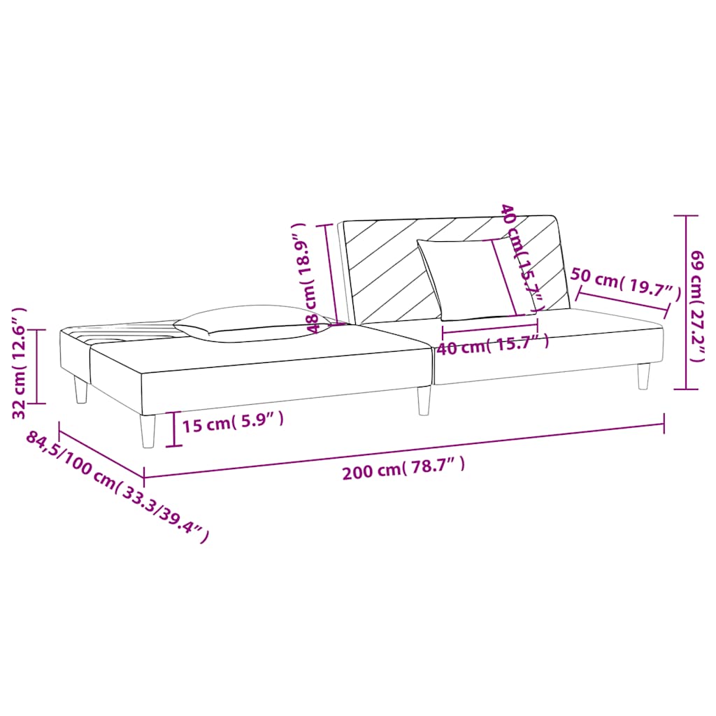 Canapea extensibila cu 2 locuri, 2 perne, maro, textil — imaginea 11