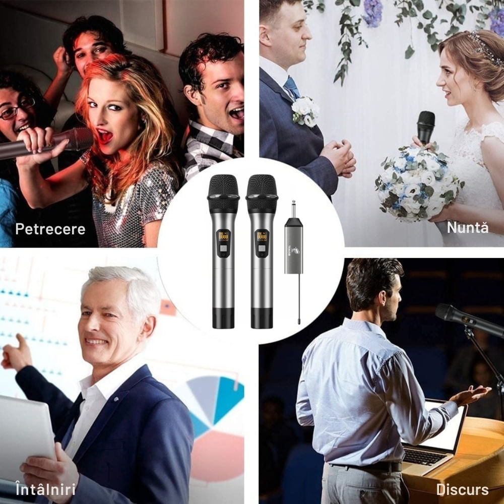 Microfon Wireless Profesional, Dual UHF Dinamic, Cardioid, Functie anulare zgomot, Tonor TW630, Afisaj Led, Gri, SET 2