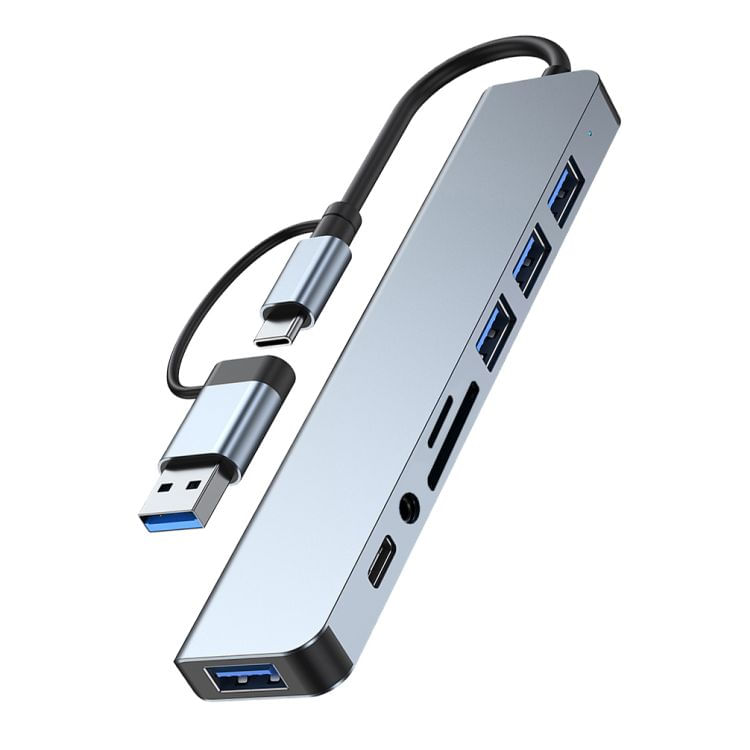 Adaptor Hub USB-C 3.1 Multiport 8-in-2 Staryon® - 3.5 mm Jack Audio, Card Reader, Gri