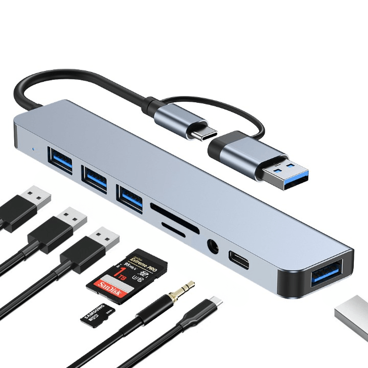 Adaptor Hub USB-C 3.1 Multiport 8-in-2 Staryon® - 3.5 mm Jack Audio, Card Reader, Gri - 4 | YEO