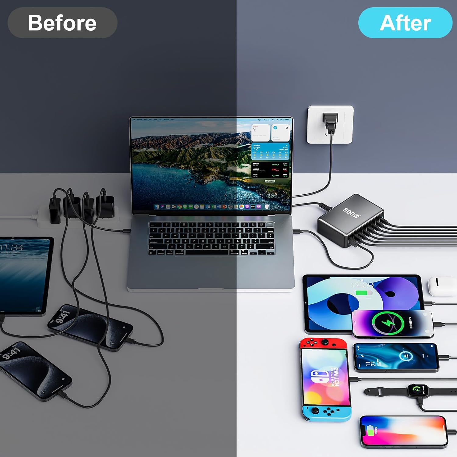 Statie de Incarcare USB 500W GaN PRO 8 in 1, 6 USB-C & 2 USB-A, Staryon®, Negru - 3 | YEO