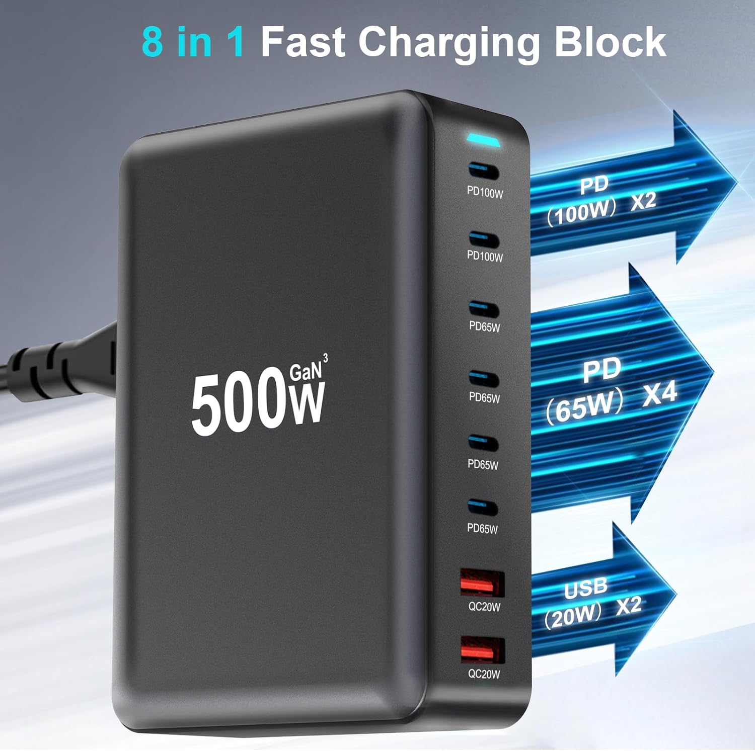 Statie de Incarcare USB 500W GaN PRO 8 in 1, 6 USB-C & 2 USB-A, Staryon®, Negru - 4 | YEO
