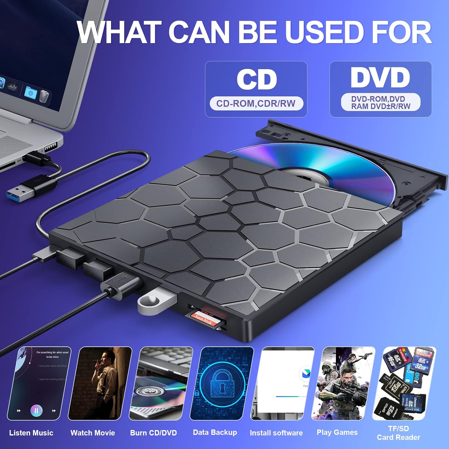 DVD Writer Extern Portabil Slim Staryon®, USB 3.0, 3x USB-A 2.C340, 1x USB-C 3.0, Cititor De Carduri, Negru - 2 | YEO