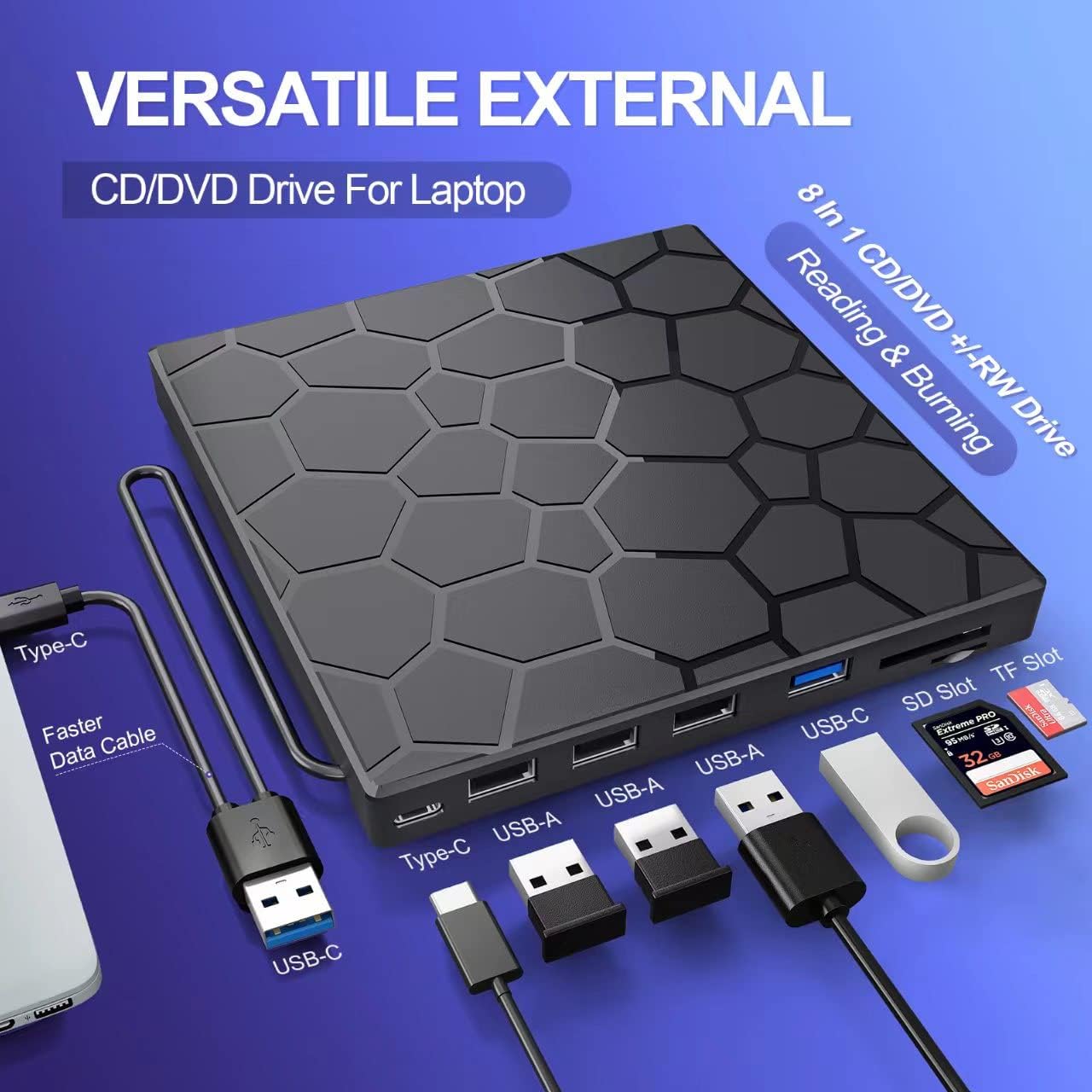 DVD Writer Extern Portabil Slim Staryon®, USB 3.0, 3x USB-A 2.C340, 1x USB-C 3.0, Cititor De Carduri, Negru - 3 | YEO