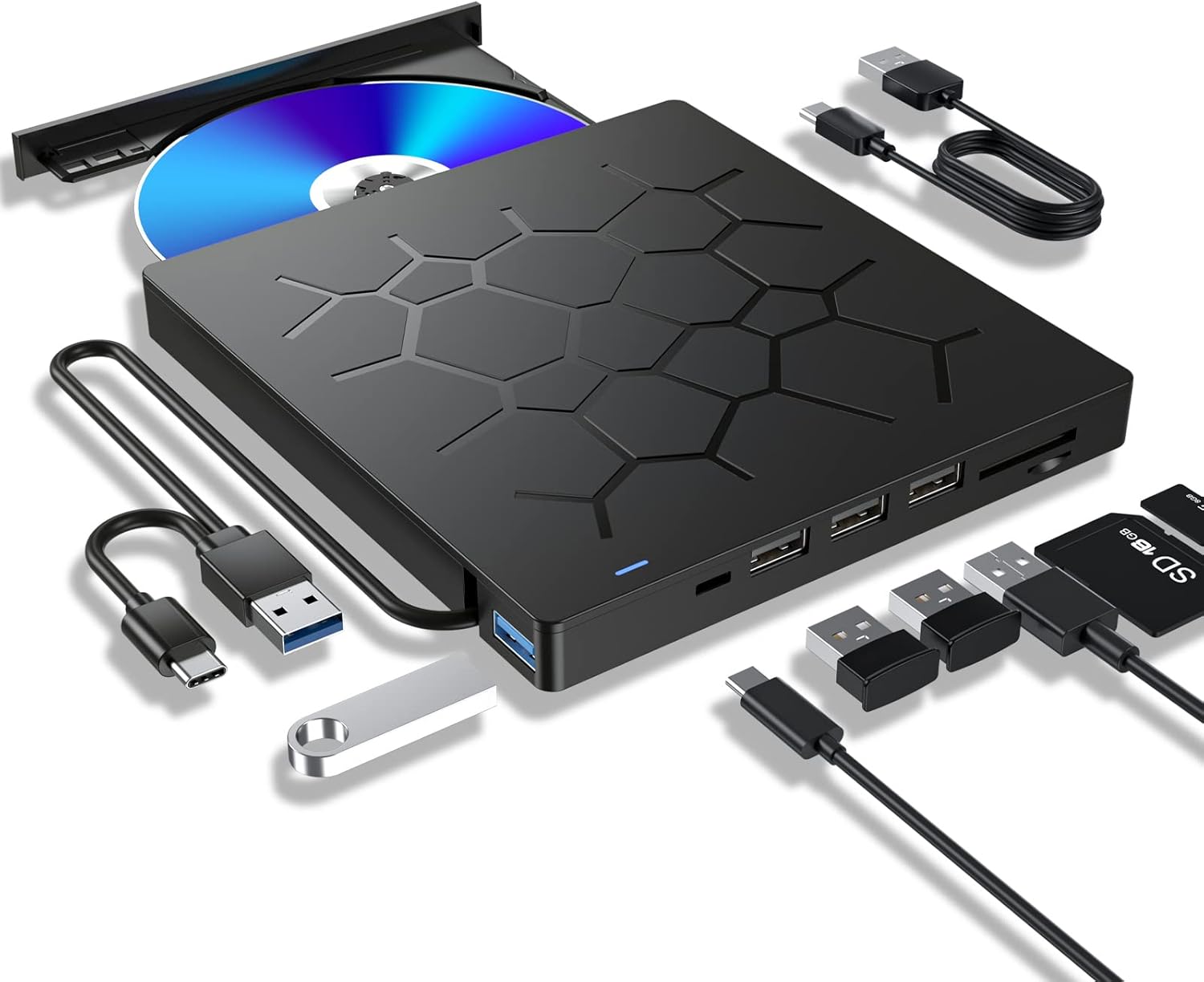 DVD Writer Extern Portabil Slim Staryon®, USB 3.0, 3x USB-A 2.C340, 1x USB-C 3.0, Cititor De Carduri, Negru - 4 | YEO