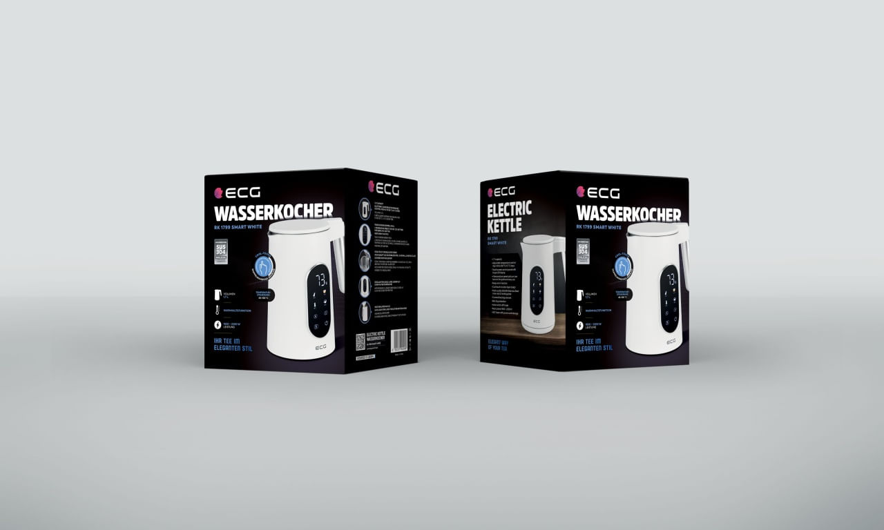 Fierbator electric ECG RK 1799 Smart White, 1.7 litri, 2200 W, pereti dubli, panou tactil, functii presetate, alb