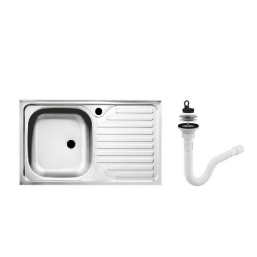 Set chiuveta masca ,inox,cuva stanga ,Raulconstruct ,80x50 cm,baterie lebada flexibila cu  sifon de scurgere