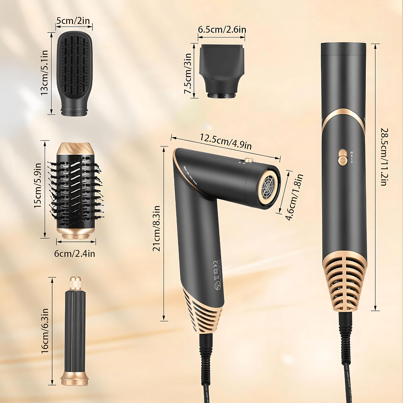 Uscator de par multifunctional 5 in 1, 1000W, 60000 RPM, 200 milioane Ioni Negativi, 3 trepte temperatura, Negru Auriu