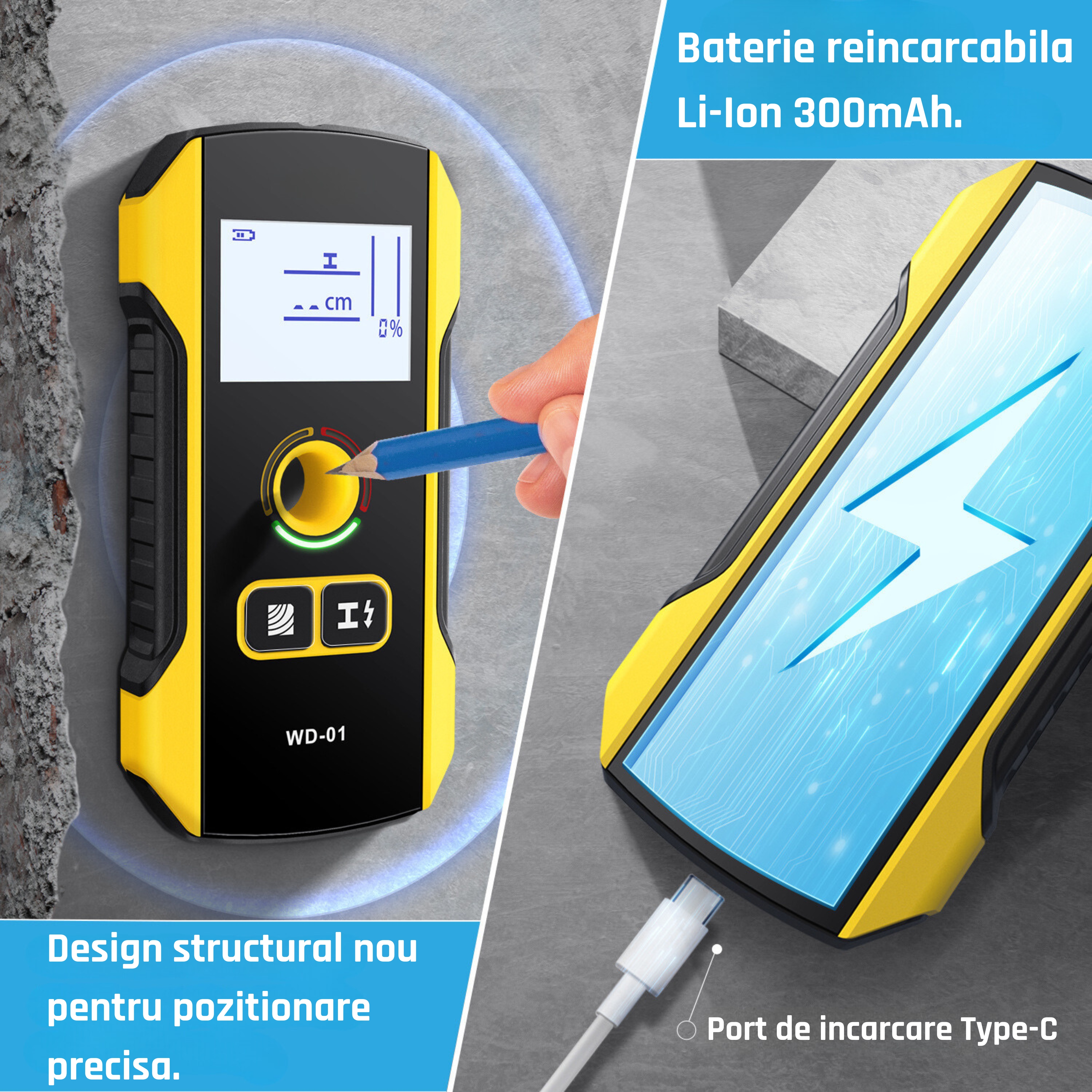 Detector Digital Cabluri, Lemn, Tevi in Perete TAITAVA WD-01, Adancime 120mm, Afisaj Digital, LED, Galben