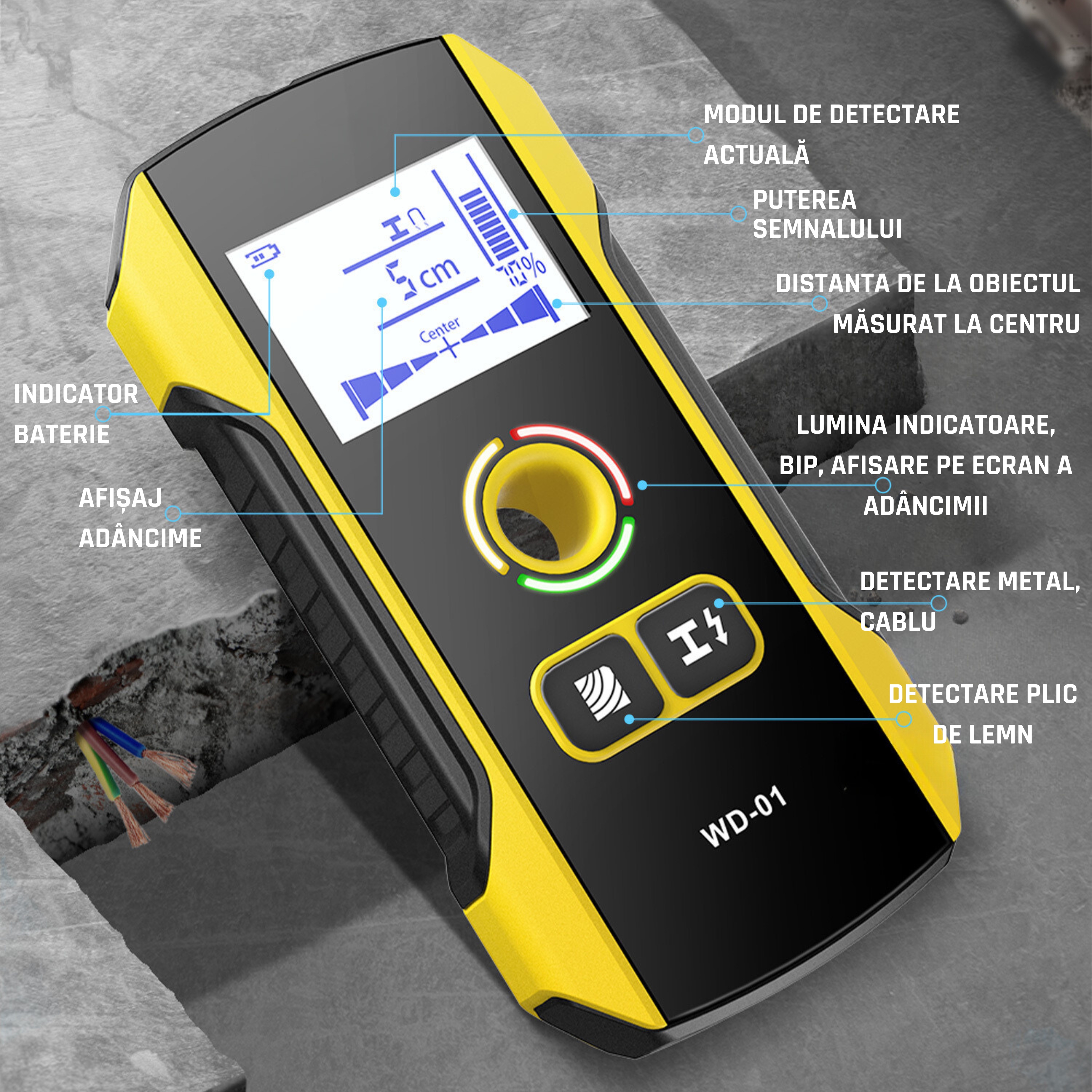 Detector Digital Cabluri, Lemn, Tevi in Perete TAITAVA WD-01, Adancime 120mm, Afisaj Digital, LED, Galben - 2 | YEO