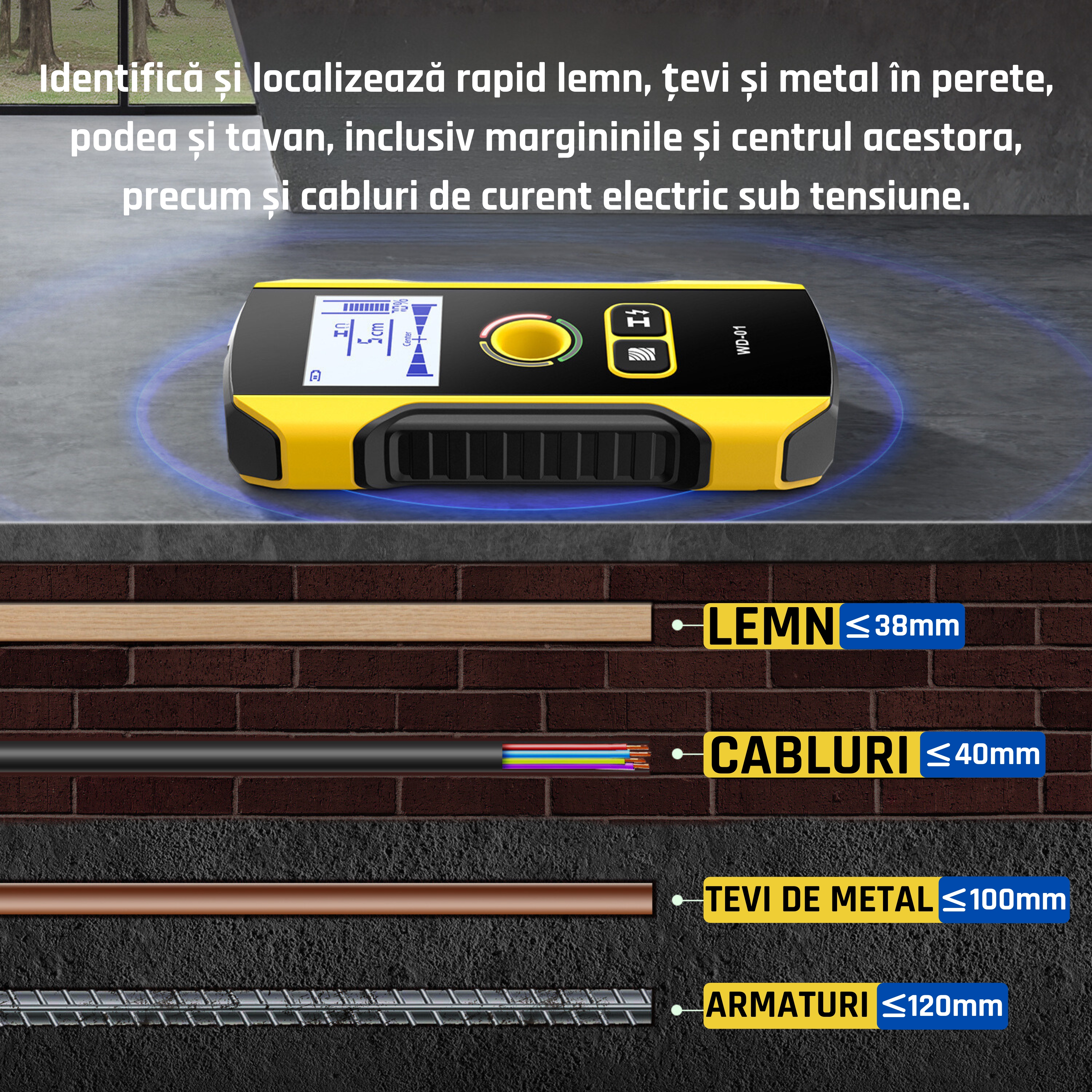 Detector Digital Cabluri, Lemn, Tevi in Perete TAITAVA WD-01, Adancime 120mm, Afisaj Digital, LED, Galben - 4 | YEO
