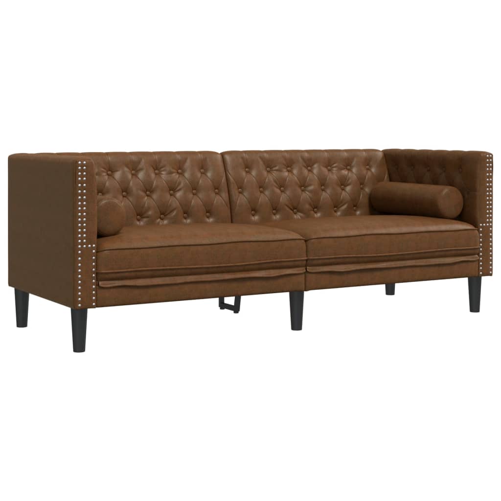 Canapea Chesterfield cu perne/3 locuri maro piele intoarsa eco.