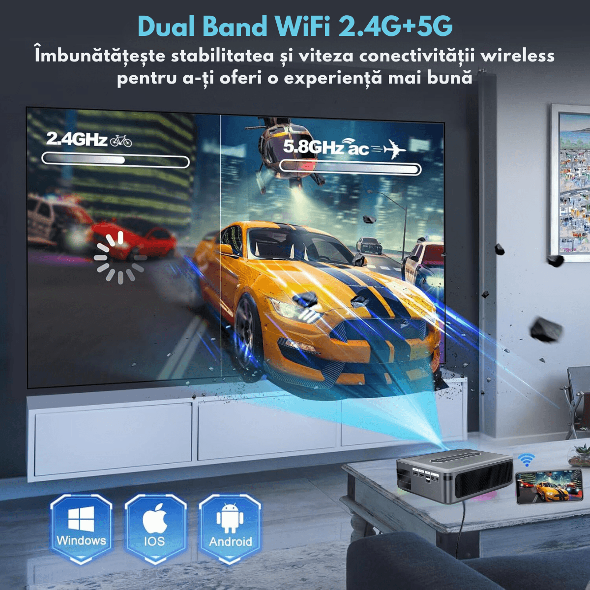 Videoproiector portabil Full HD, Android 9.0 Wi-Fi & Bluetooth, 12 000 Lumeni, Rezolutie 1920x1080 HD, Suport 4K/8K - imagine 7
