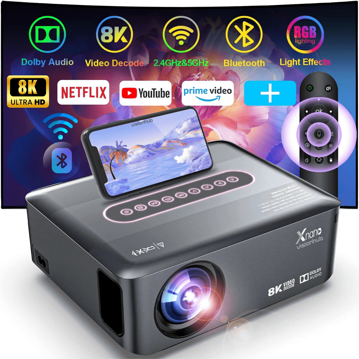 Videoproiector portabil Full HD, Android 9.0 Wi-Fi & Bluetooth, 12 000 Lumeni, Rezolutie 1920x1080 HD, Suport 4K/8K