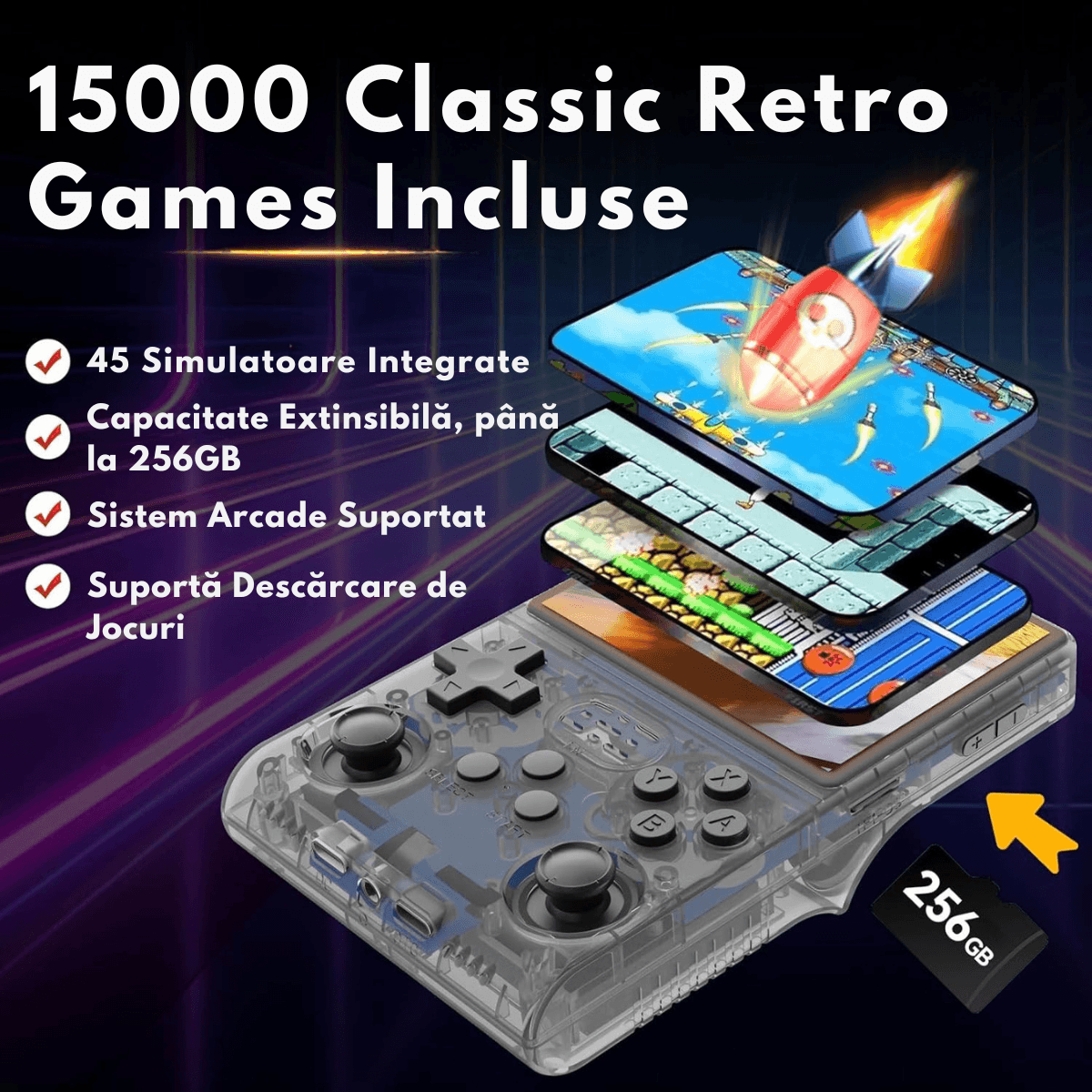 Consola Gaming portabila cu 15.000+ Jocuri Clasice, Ecran HD 3.5\'\', 128GB Stocare, Joystick-uri 3D, Multiplayer Wireless - 2 | YEO