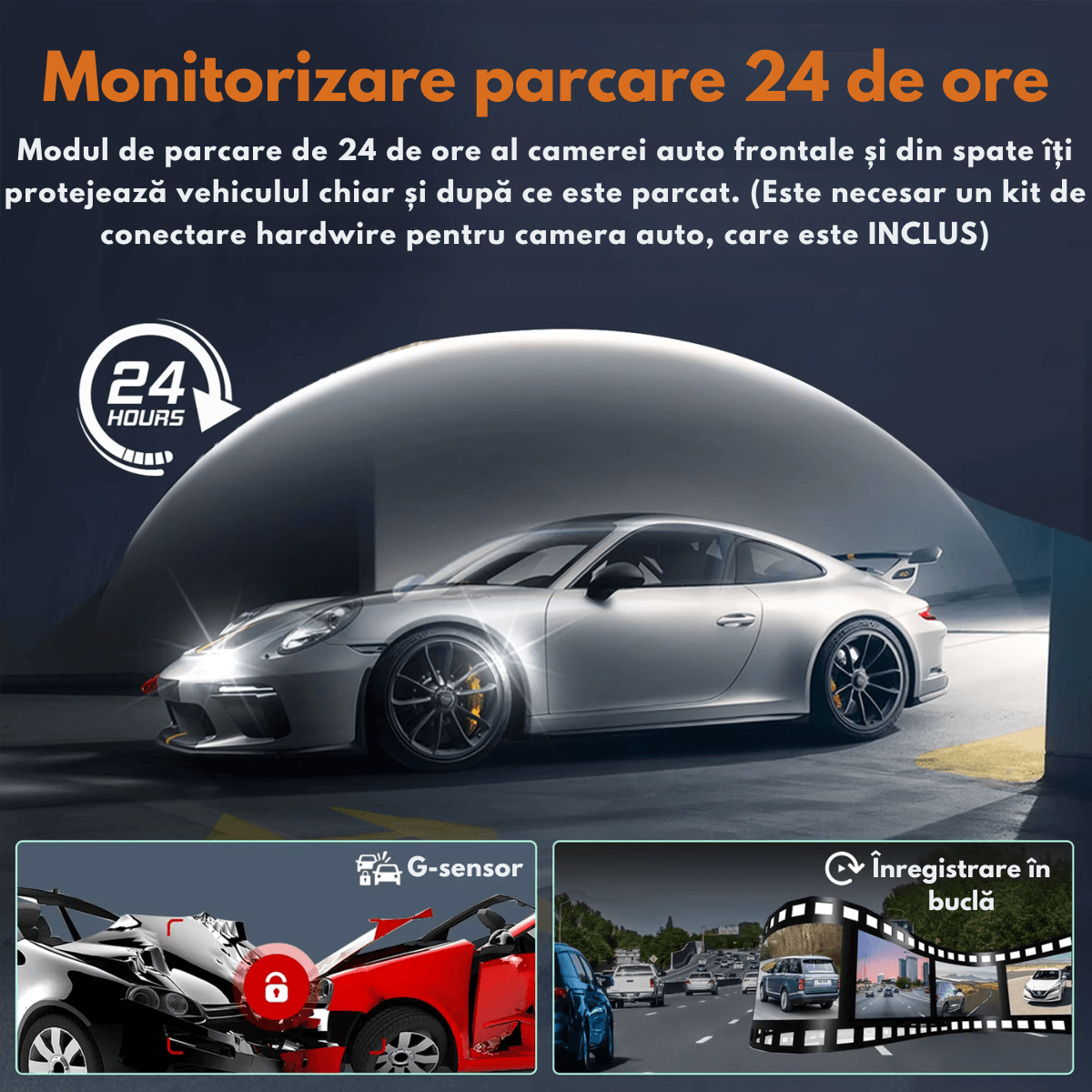 Camera de bord pentru masina cu 4 canale 360°–FHD 1080P, WIFI+GPS, Monitorizare PARCARE 24h, G-Senzor, Aplicatie Telefon