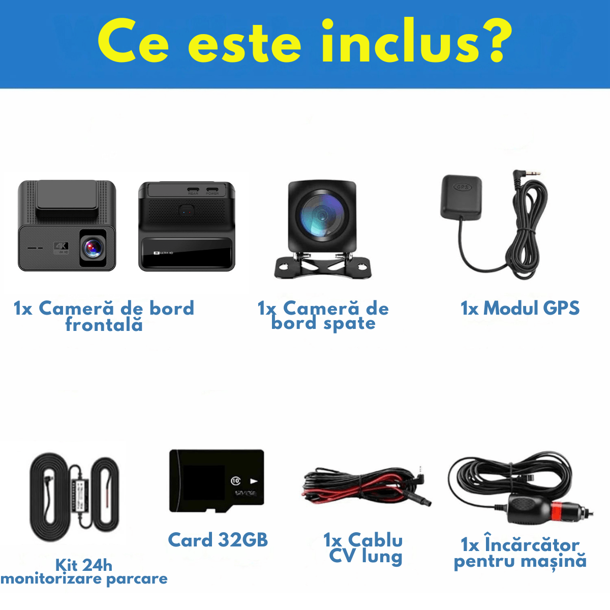 Camera Auto Dubla de bord 4k – 2160p Full HD, VisionHub, WIFI+GPS, Monitorizare PARCARE 24h, G-Senzor, Aplicatie Telefon
