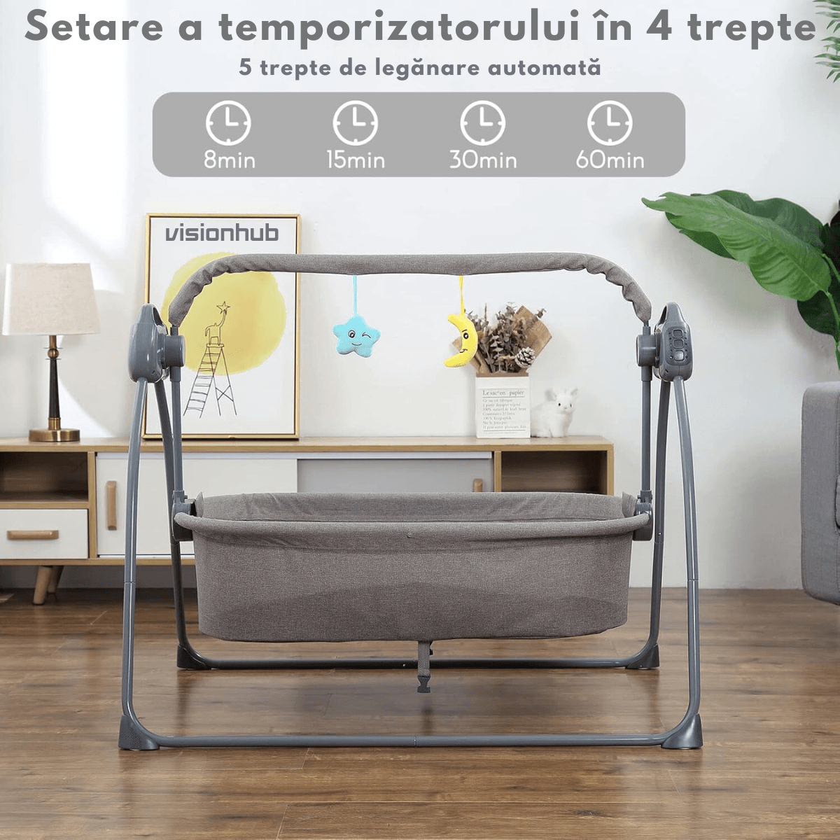 Patut Electric pentru Bebelusi cu Functie de Leganare Automata, 5 Viteze Ajustabile, Temporizator Inteligent 8-60 Min
