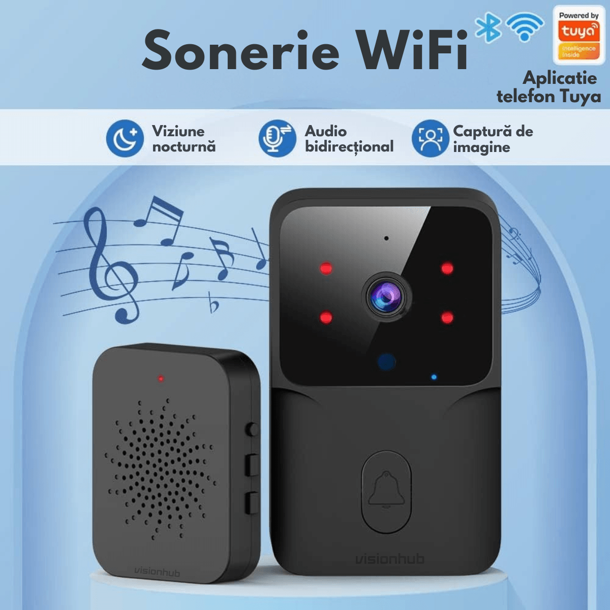 Sonerie Wireless cu Video, Interfon Smart fara fir VisionHub®, Camera Video 1080P HD cu Vedere nocturna, Impermeabila