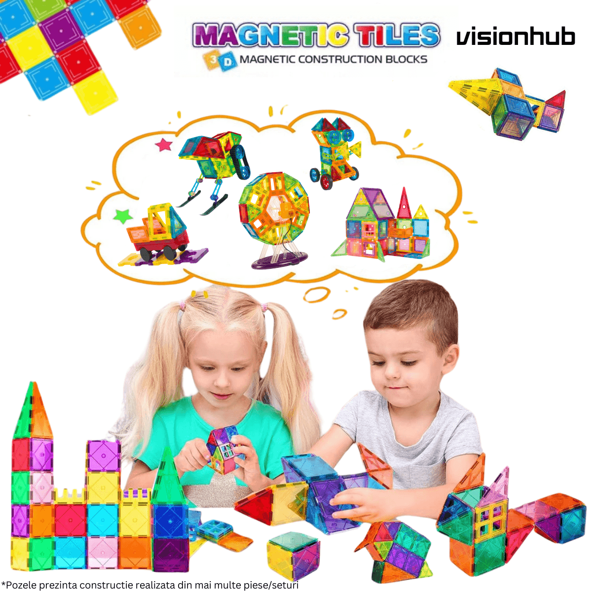 Set de Constructie, Magnetic Tiles 3D, 22 Piese colorate, Jucarie Creativa si Educationala STEM VisionHub®
