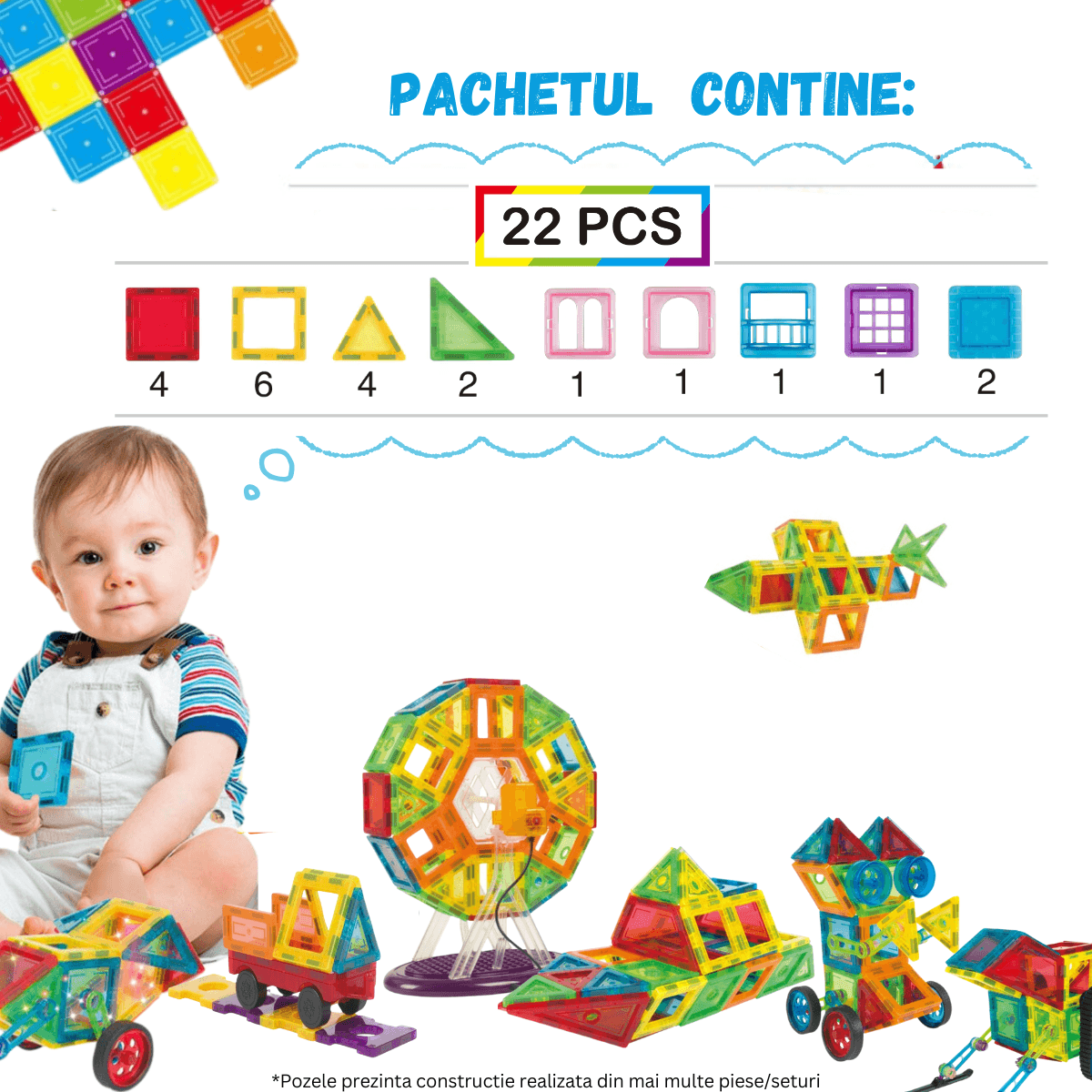 Set de Constructie, Magnetic Tiles 3D, 22 Piese colorate, Jucarie Creativa si Educationala STEM VisionHub® - 3 | YEO