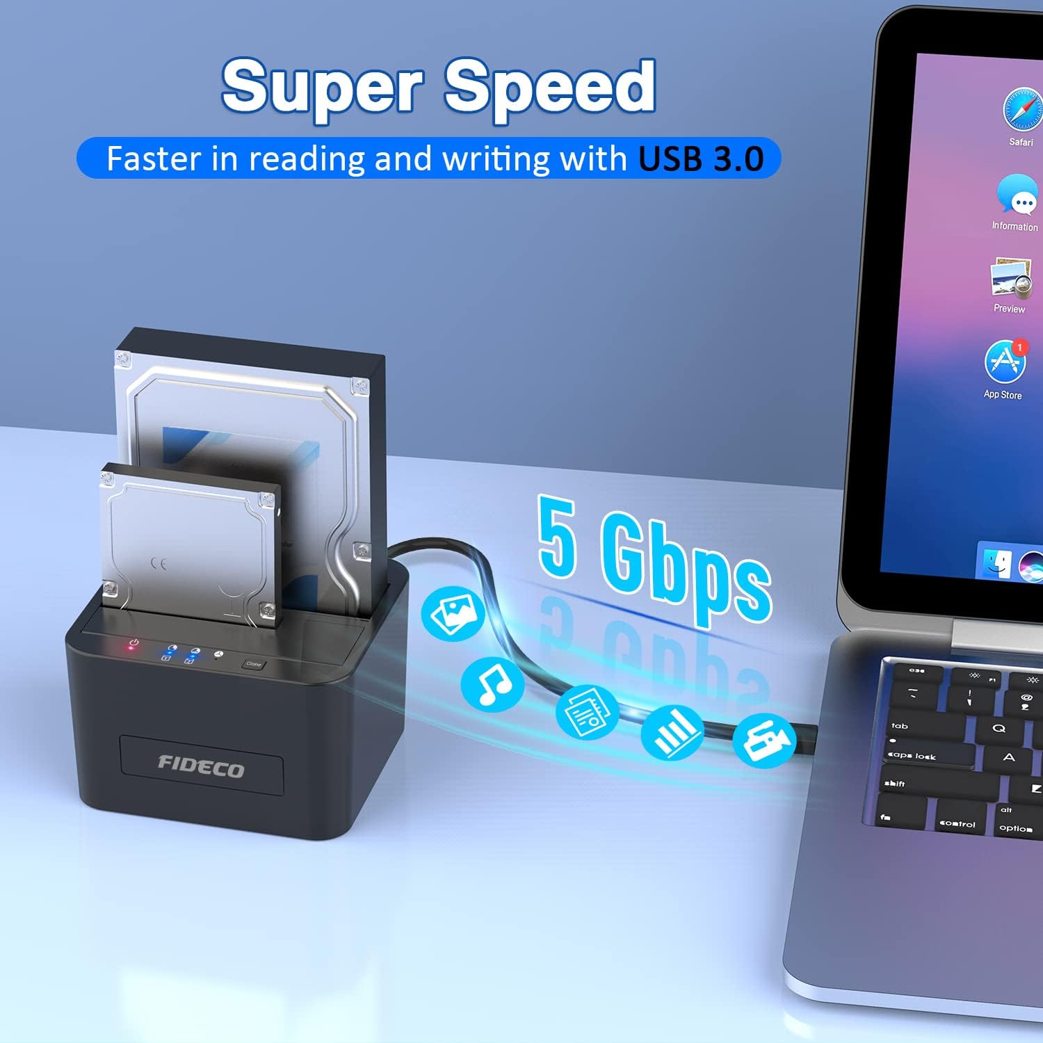 Statie de andocare Hard disk dubla, FIDECO, USB 3.0, Rack compatibil SATA HDD/SSD 2.5"/3.5", Docking Station cClonare