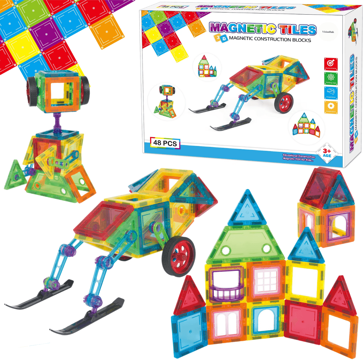 Set de Constructie, Magnetic Tiles 3D, 48 Piese colorate, Jucarie Creativa si Educationala STEM VisionHub®