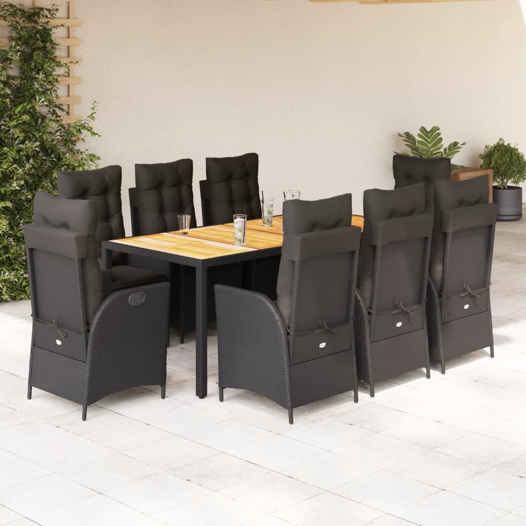 Set mobilier de gradina cu perne, 9 piese, negru, poliratan — imaginea 2