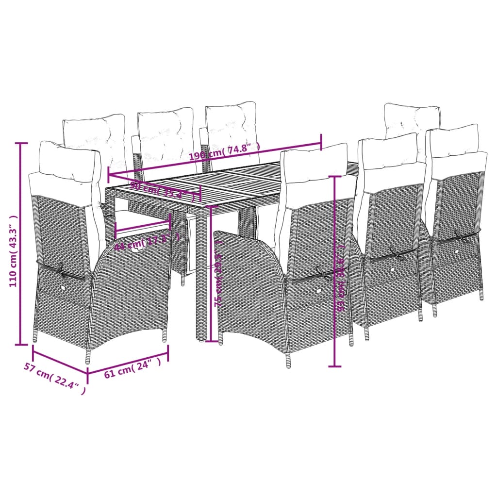 Set mobilier de gradina cu perne, 9 piese, negru, poliratan — imaginea 9