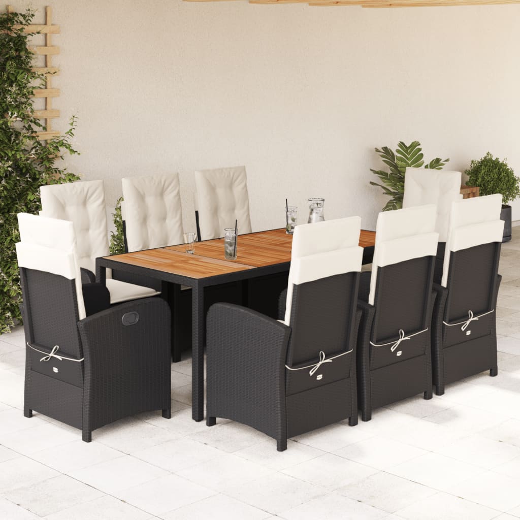Set mobilier de gradina cu perne, 9 piese, negru, poliratan — imaginea 2