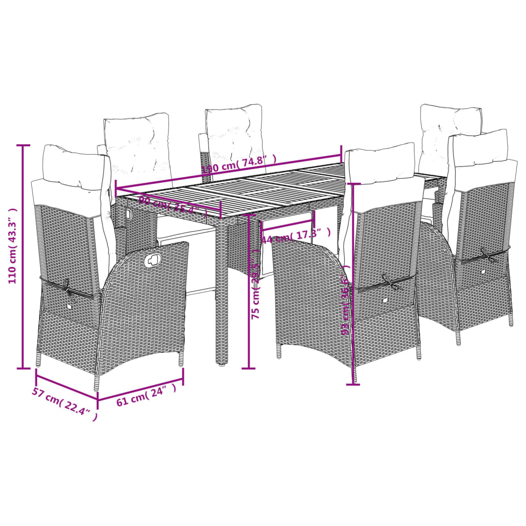 Set mobilier de gradina cu perne, 7 piese, negru, poliratan — imaginea 9