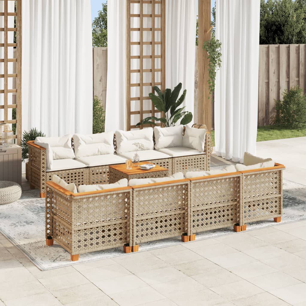 Set canapele de gradina, 9 piese, cu perne, bej, poliratan — imaginea 2