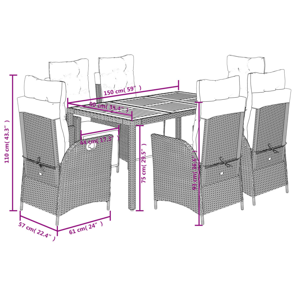 Set mobilier de gradina cu perne, 7 piese, negru, poliratan — imaginea 9