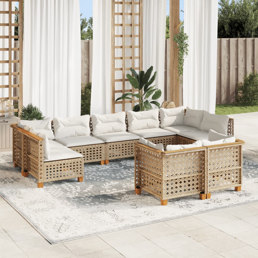 Set canapele de gradina, 9 piese, cu perne, bej, poliratan — imaginea 2