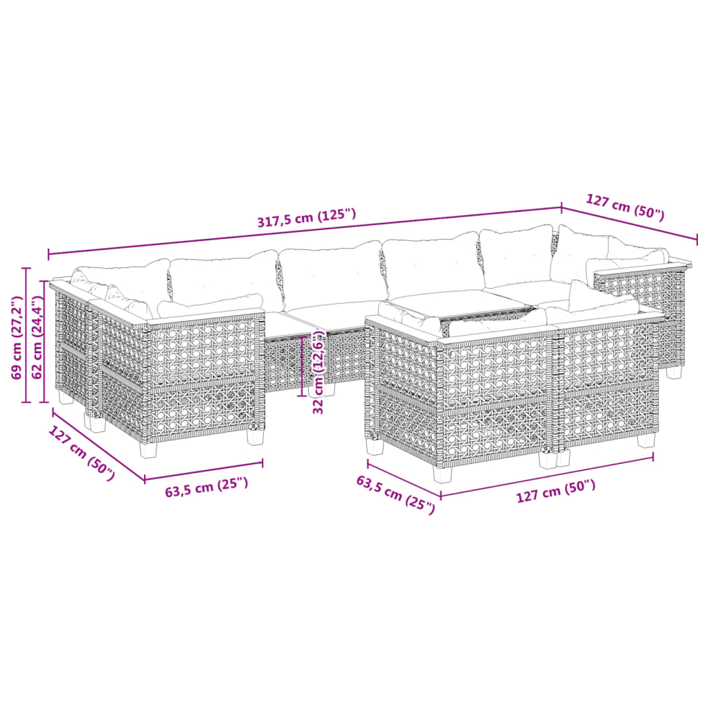 Set canapele de gradina, 9 piese, cu perne, bej, poliratan — imaginea 6