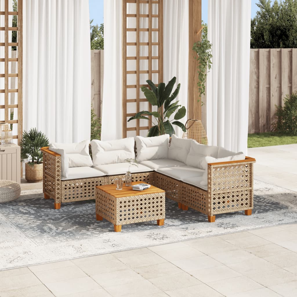 Set canapele de gradina cu perne, 6 piese, bej, poliratan — imaginea 2