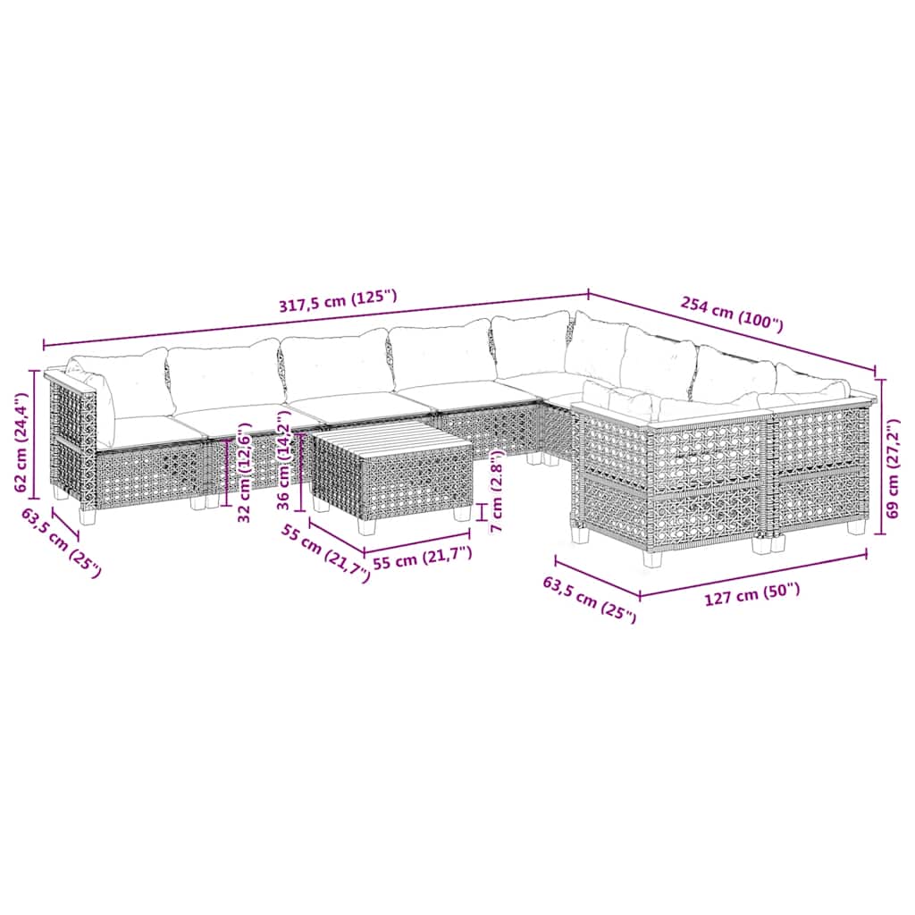 Set canapele de gradina cu perne, 10 piese, bej, poliratan — imaginea 8