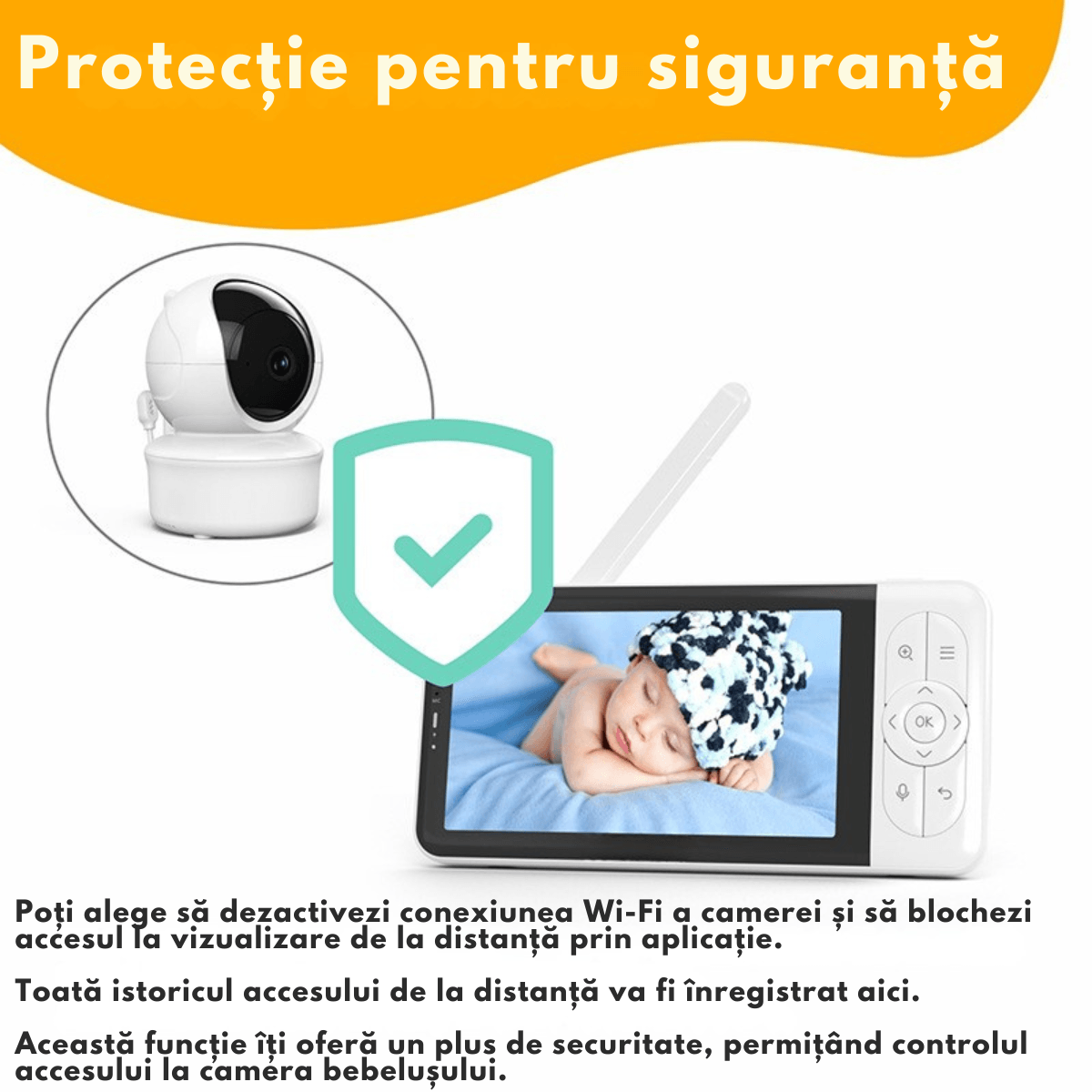 Baby Monitor WiFi 2in1 cu Aplicatie telefon, Camera Audio-Video Multi View, VisionHub®, Ecran UltraHD 1080P de 5inch